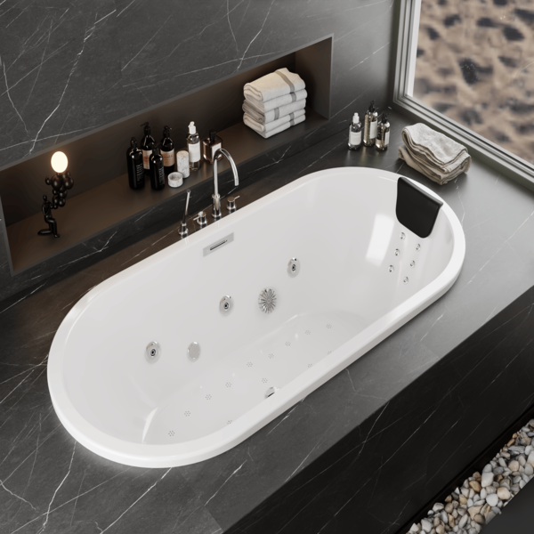 CONNOR WHIRLPOOL BATHTUB
SIZE: 1900*900 MM
A MODERN WHIRLPOOL SYSTEM DESIGNED FOR A RELAXING AND THERAPEUTIC EXPERIENCE, FEATURING WHIRLPOOL MASSAGE JETS, WHIRLPOOL MOTOR, AIR INVISIBLE BUBBLE SPA, AIR BLOWER, P TRAP, HEADREST, CONTROL SYSTEM, FOOT JETS, CLICK CLACK, CHROMOTHERAPY LIGHTS, BACK JETS, AND AIR & HYDRO THERAPY.