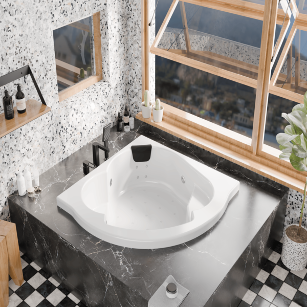CORNER WHIRLPOOL BATHTUB
SIZE: 1300*1300 MM
A MODERN WHIRLPOOL SYSTEM DESIGNED FOR A RELAXING AND THERAPEUTIC EXPERIENCE, FEATURING WHIRLPOOL MASSAGE JETS, WHIRLPOOL MOTOR, AIR INVISIBLE BUBBLE SPA, AIR BLOWER, P TRAP, HEADREST, CONTROL SYSTEM, FOOT JETS, CLICK CLACK, CHROMOTHERAPY LIGHTS, BACK JETS, AND AIR & HYDRO THERAPY.