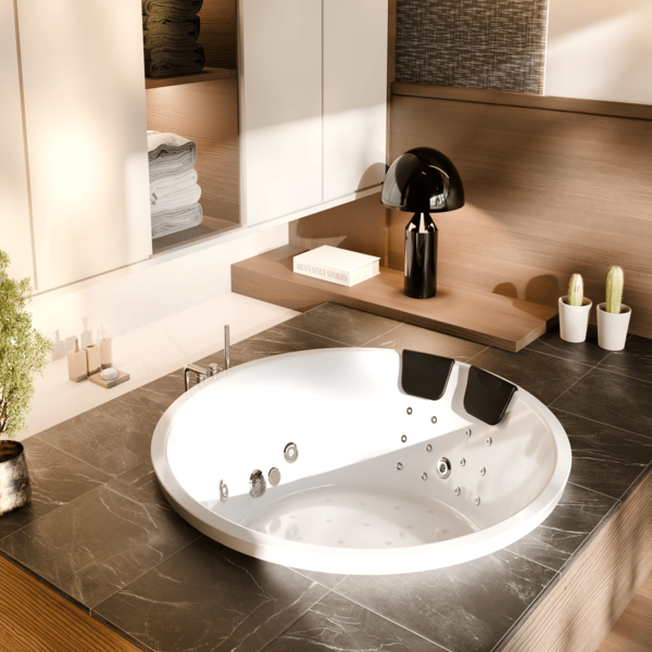 OTTO WHIRLPOOL BATHTUB
SIZE: 1600 MM DIA
A MODERN WHIRLPOOL SYSTEM DESIGNED FOR A RELAXING AND THERAPEUTIC EXPERIENCE, FEATURING WHIRLPOOL MASSAGE JETS, WHIRLPOOL MOTOR, AIR INVISIBLE BUBBLE SPA, AIR BLOWER, P TRAP, HEADREST, CONTROL SYSTEM, FOOT JETS, CLICK CLACK, CHROMOTHERAPY LIGHTS, BACK JETS, AND AIR & HYDRO THERAPY.